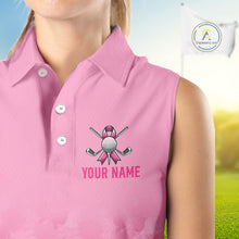 Load image into Gallery viewer, Pink sleeveless polo shirt with golf design and 'Your Name' text on a blurred golf course background.