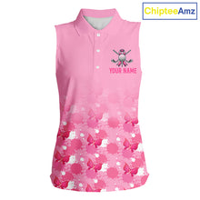 Load image into Gallery viewer, Pink sleeveless golf shirt with floral pattern and customizable text on a white background