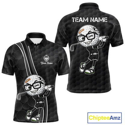 Black polo shirt with cartoon golf ball design on a white background