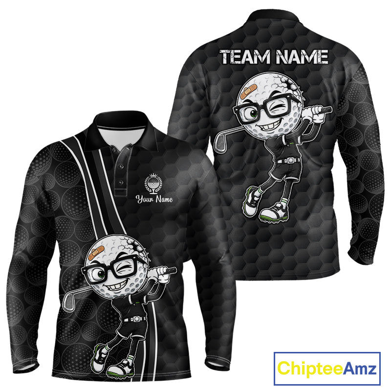 Black long-sleeve polo shirt with cartoon golf ball character and customizable text on a white background.