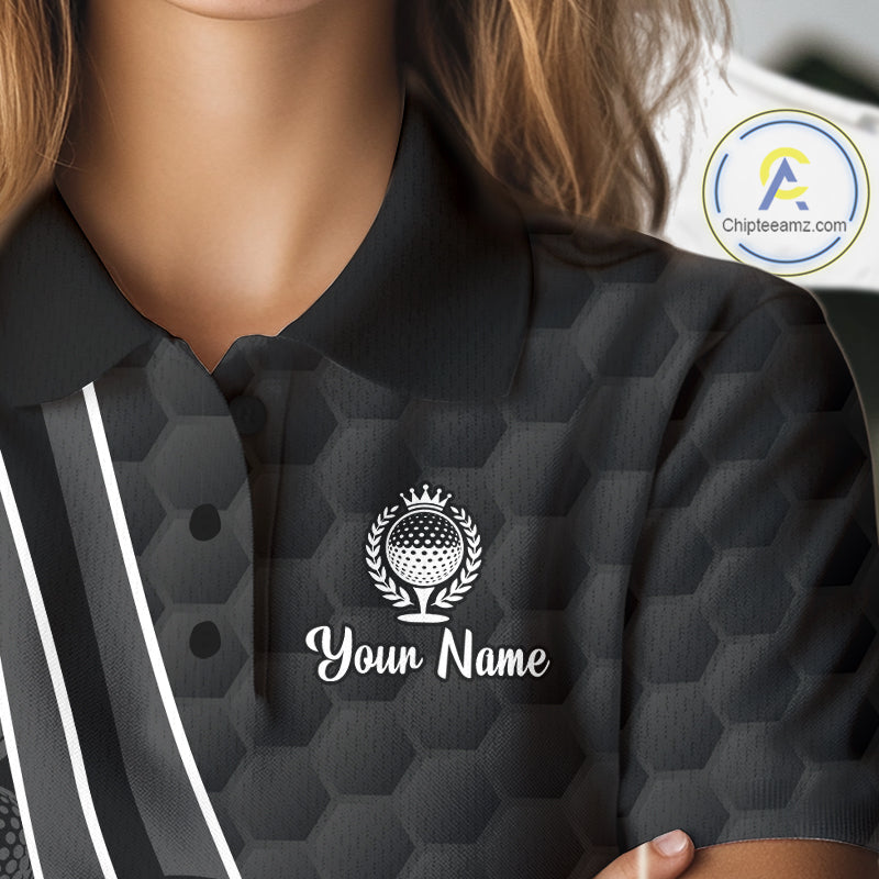 Black patterned polo shirt with a logo and 'Your Name' text on a mannequin.
