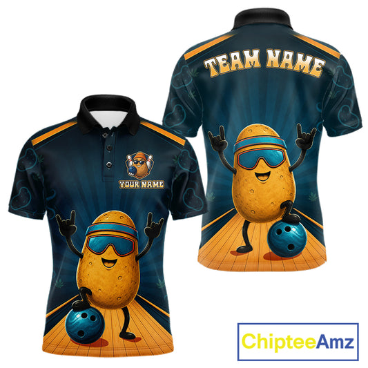 Funny Rock-On Potato Men's Bowling Polo Shirt, Personalized Cartoon Bowling League Jersey, Athletic Team Apparel