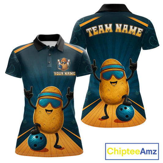 Funny Rock-On Potato Women's Bowling Polo Shirt, Personalized Blue Bowling Team Jersey, Cartoon Potato League Apparel, Fun Performance Polo, Meme Sportswear, Team Spirit