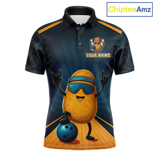 Funny Rock-On Potato Men's Bowling Polo Shirt, Personalized Cartoon Bowling League Jersey, Athletic Team Apparel