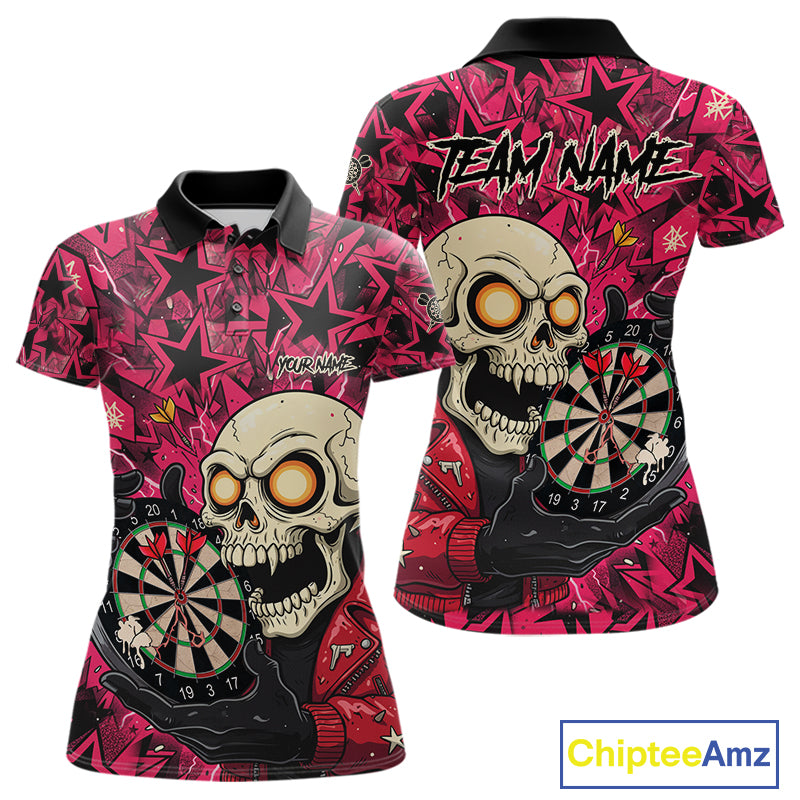 Pink Star Funny Skeleton Dartboard Custom Women Polo Dart Shirt Funny Dart Jerseys NYN1759