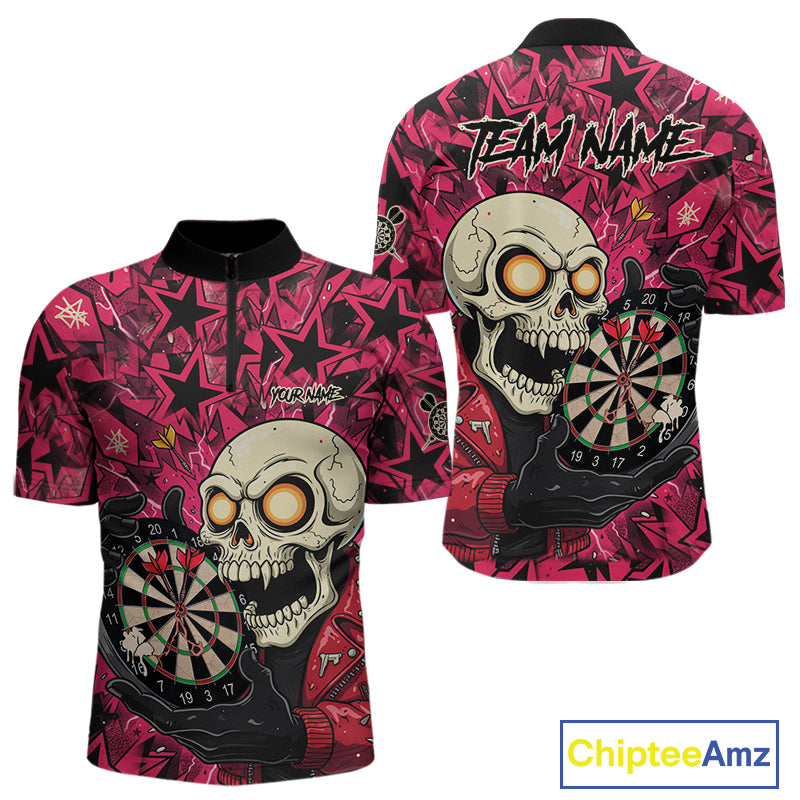 Pink Star Funny Skeleton Dartboard Custom Mens Quarter-Zip Dart Shirt Funny Dart Jerseys NYN1759