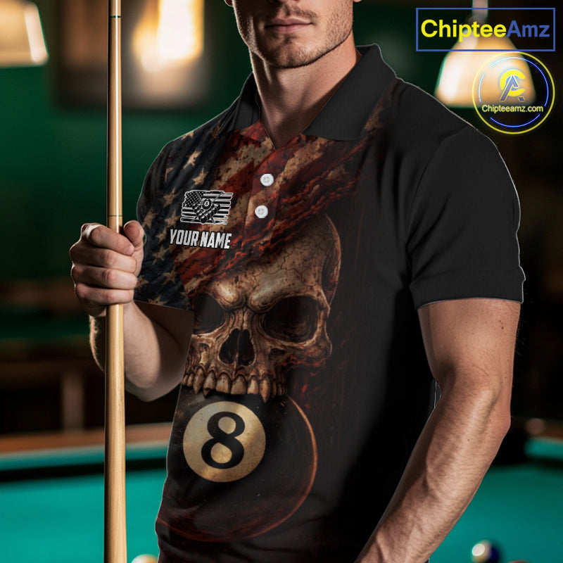 Grunge Vintage US Flag Skull Pool 8 Ball Men Billiard Shirt Custom Retro Billiard Team Attire NYN2563