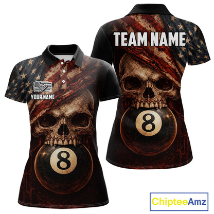 Grunge Vintage US Flag Skull Pool 8 Ball Women's Billiard Shirt Custom Retro Billiard Team Attire NYN2563