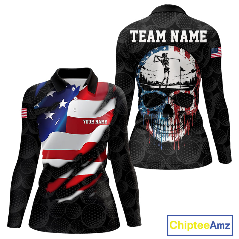 Black golf ball American skull golf polo  long sleeve shirt for women patriotic team outfit
