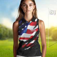Load image into Gallery viewer, Womens US Flag Golf Polo Shirts Custom Black Golf Ball Pattern American Skull Golf Team Outfits NYN3327