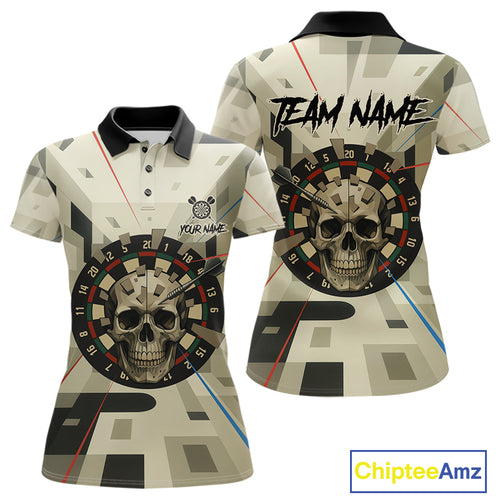 Geometric Dartboard Beige Skull Custom Women Polo Dart Shirt Gifts For Dart Players NYN1767
