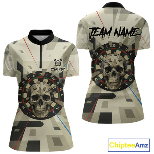 Geometric Dartboard Beige Skull Custom Women Quarter-Zip Dart Shirt Gifts For Dart Players NYN1767