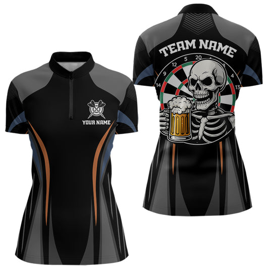 Custom Skull With Beer Funny Dart Quarter-Zip Shirts For Women, Dart Team Jerseys NYN1553