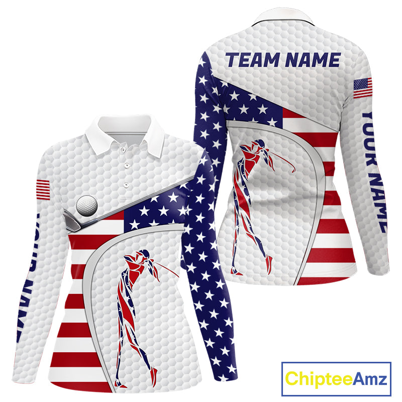 American Flag Patriot Personalized Golf White Womens Golf Polo Shirts Custom Name Golf Gifts NYN3148