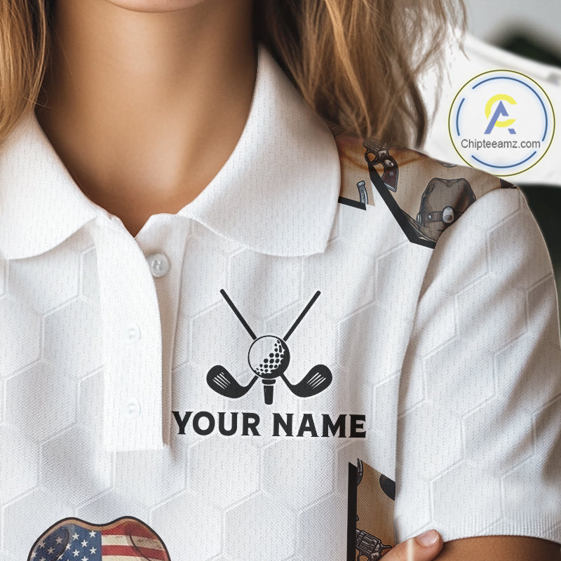 Personalized Cowboy Pattern White Golf Ball Womens Golden Golf Polo Shirts Custom Name Golf Gifts NYN3151