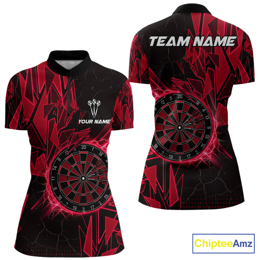 Red broken glass dartboard lightning dart quarter-zip shirt for women custom dart clothing