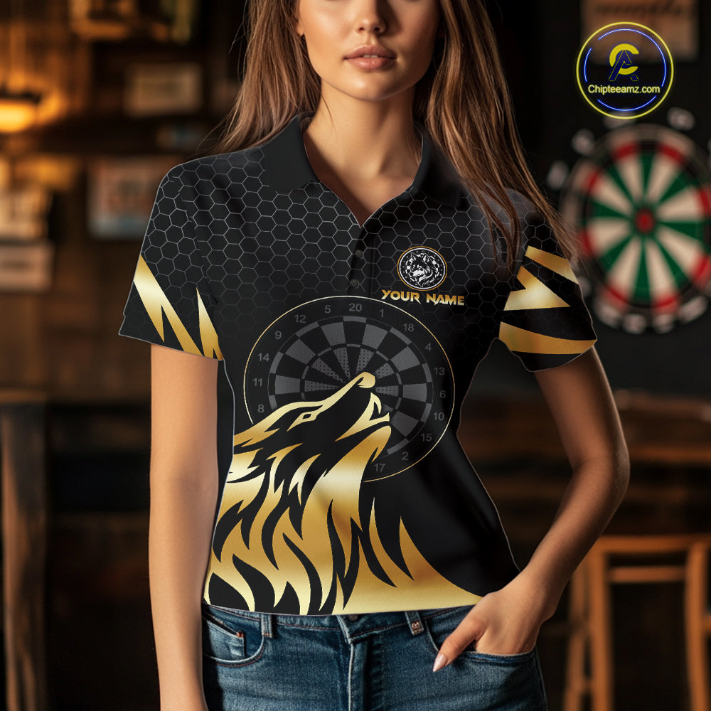 Black And Gold Horror Wolf Dart Shirts For Women Custom Thunder Dartboard Dart Team Name Jerseys NYN3625