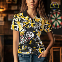 Load image into Gallery viewer, Funny Wolf Dart Shirts For Women Custom Black, White &amp; Yellow Graffiti Dart Team Name Jerseys NYN3626