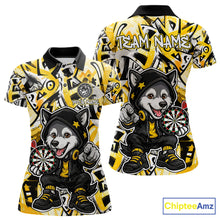 Load image into Gallery viewer, Funny Wolf Dart Shirts For Women Custom Black, White &amp; Yellow Graffiti Dart Team Name Jerseys NYN3626