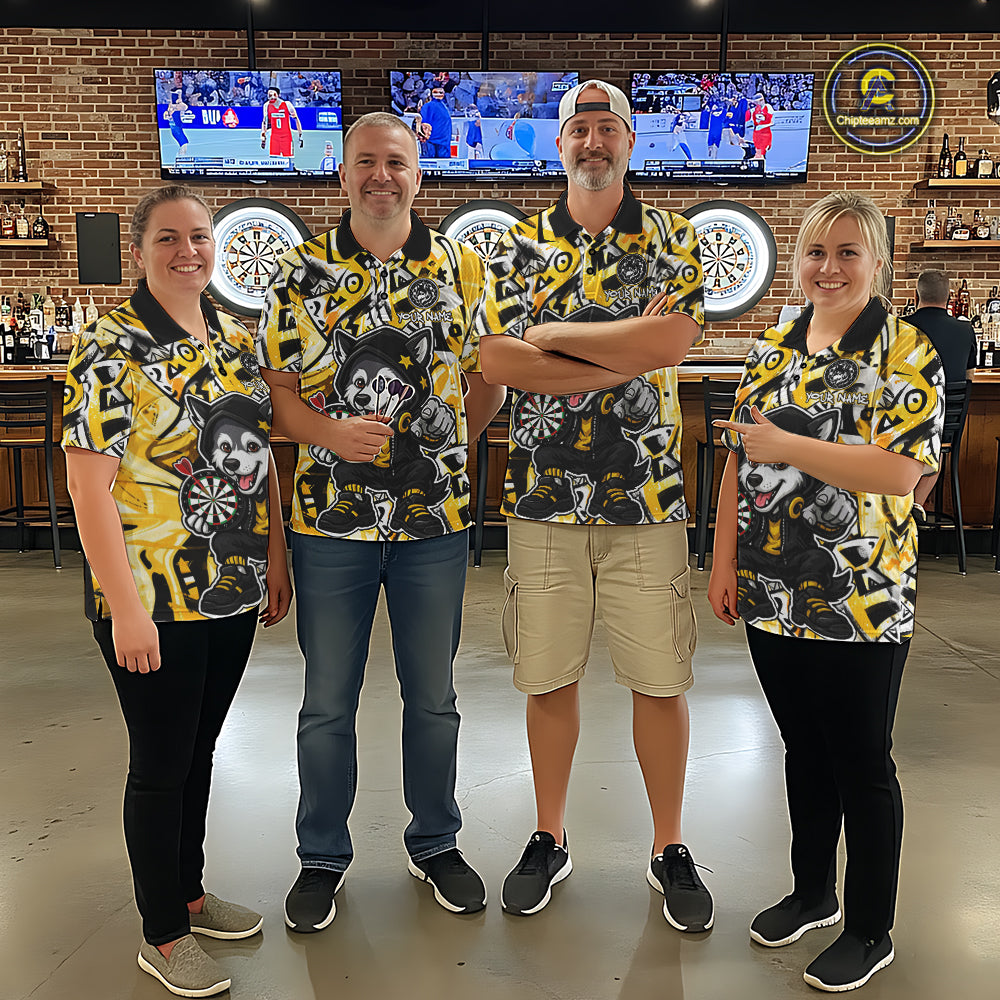 Funny Wolf Dart Shirts For Men Custom Black, White & Yellow Graffiti Dart Team Name Jerseys NYN3626