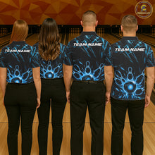 Load image into Gallery viewer, Men women bowling team wearing Black and Blue Neon bowling jerseys, matching bowling ball and pins team uniforms