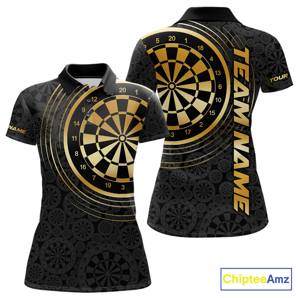 Black & Gold Gradient Dartboard Womens Dart Polo Quarter Zip Shirts Custom Team Name Dart Jerseys NYN3630