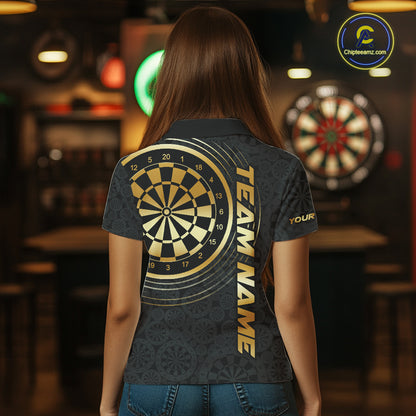 Black & Gold Gradient Dartboard Womens Dart Polo Quarter Zip Shirts Custom Team Name Dart Jerseys NYN3630