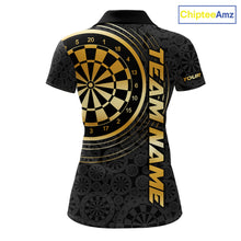 Load image into Gallery viewer, Black &amp; Gold Gradient Dartboard Womens Dart Polo Quarter Zip Shirts Custom Team Name Dart Jerseys NYN3630