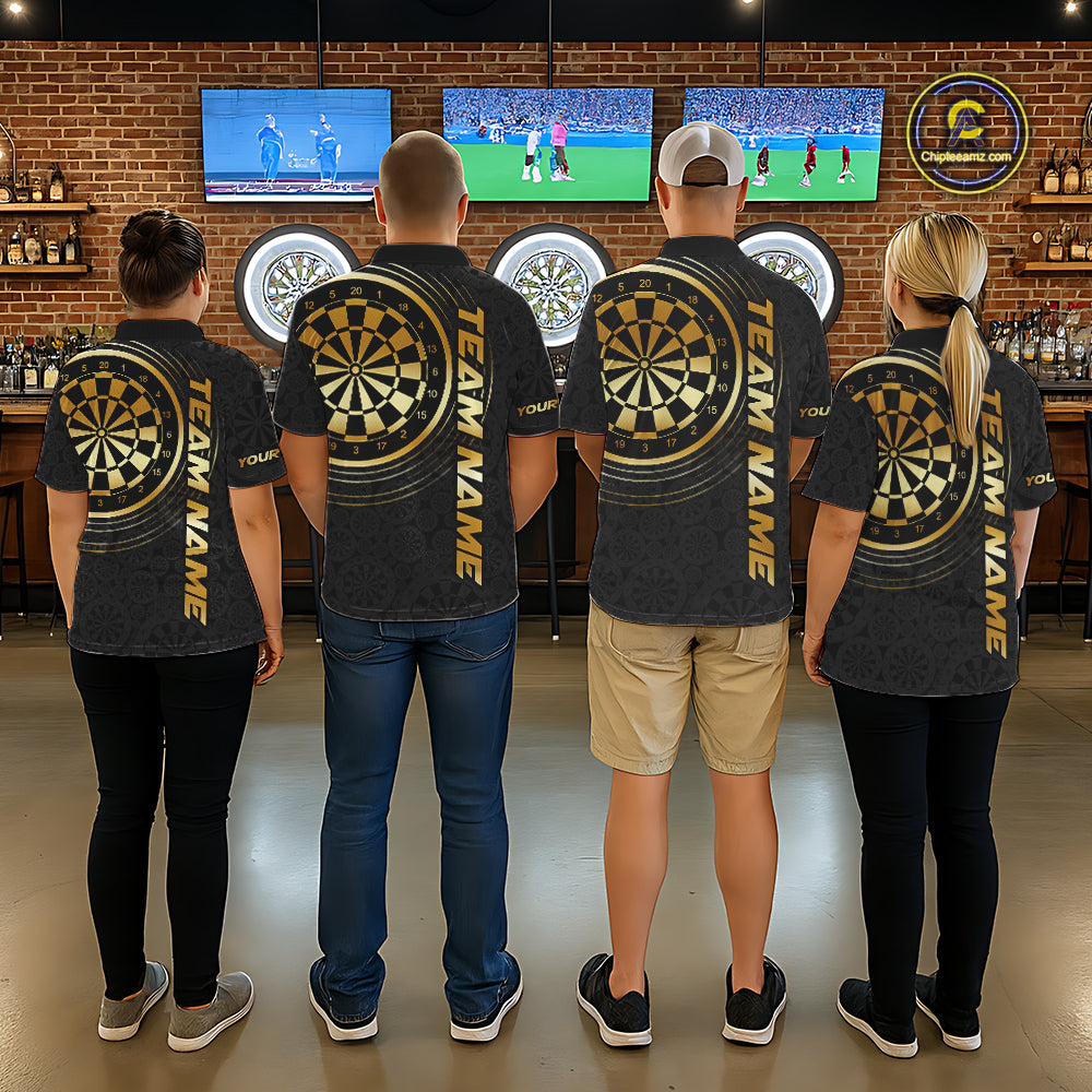 Black & Gold Gradient Dartboard Womens Dart Polo Quarter Zip Shirts Custom Team Name Dart Jerseys NYN3630