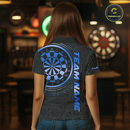 Black & Blue Gradient Dartboard Womens Dart Polo Quarter Zip Shirts Custom Team Name Dart Jerseys NYN3631