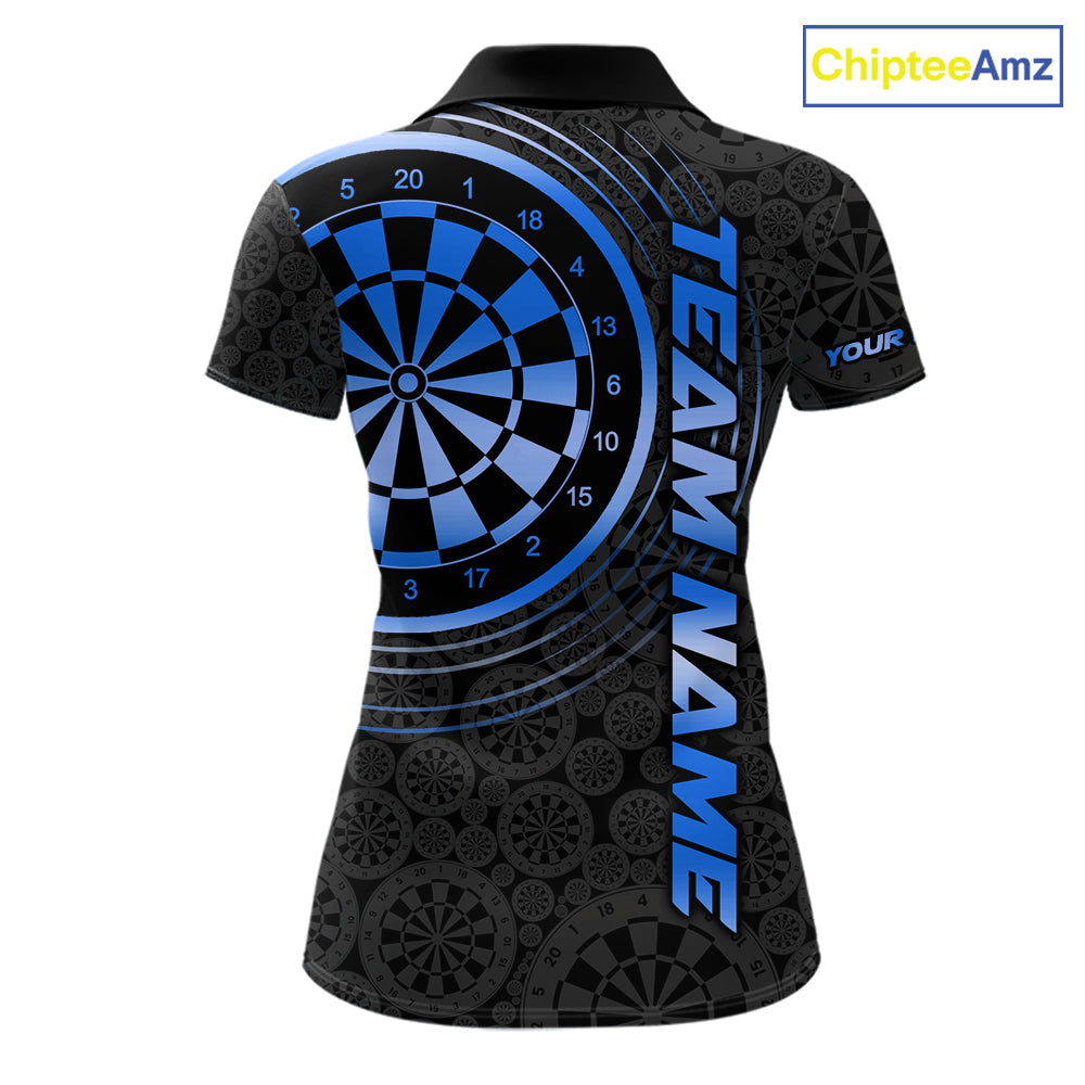 Black & Blue Gradient Dartboard Womens Dart Polo Quarter Zip Shirts Custom Team Name Dart Jerseys NYN3631