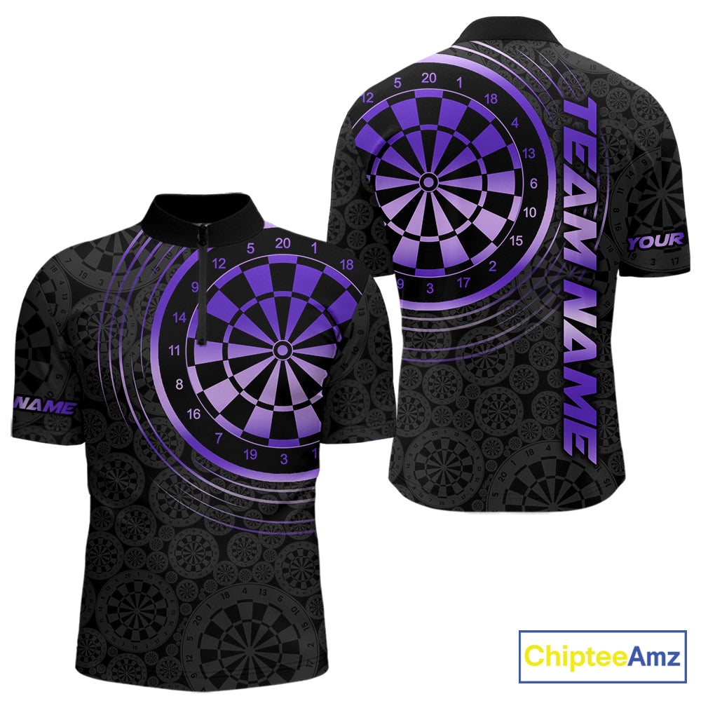 Black & Purple Gradient Dartboard Mens Dart Polo Quarter Zip Shirts Custom Team Name Dart Jerseys NYN3632