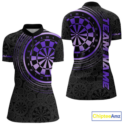Black & Purple Gradient Dartboard Womens Dart Polo Quarter Zip Shirts Custom Team Name Dart Jerseys NYN3632