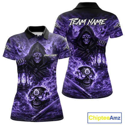 Fire Flames Purple Grim Reaper Skull 8 Ball Pool Women Billiard Shirt Personalized Billiard Team Names NYN2736