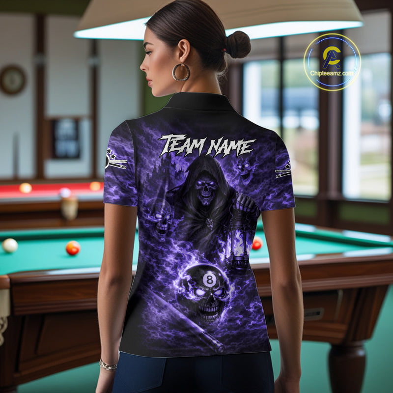 Fire Flames Purple Grim Reaper Skull 8 Ball Pool Women Billiard Shirt Personalized Billiard Team Names NYN2736