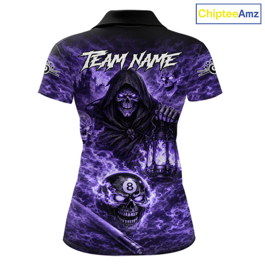 Fire Flames Purple Grim Reaper Skull 8 Ball Pool Women Billiard Shirt Personalized Billiard Team Names NYN2736