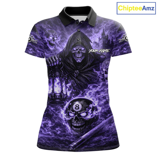 Fire Flames Purple Grim Reaper Skull 8 Ball Pool Women Billiard Shirt Personalized Billiard Team Names NYN2736