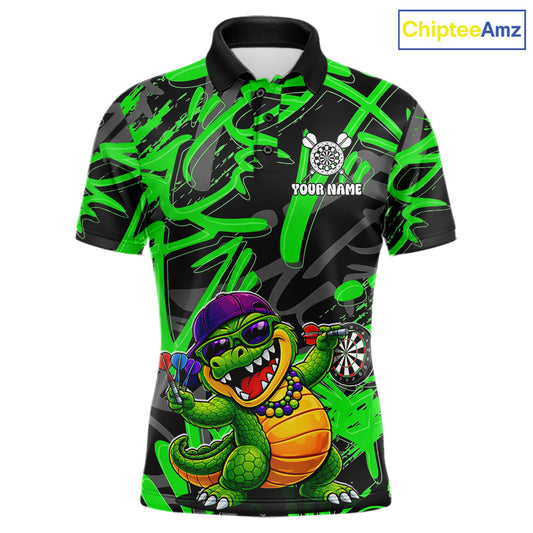 Green Grafffiti Play Darts Polo & Quarter Zip Shirt Personalized Funny Crocodile Men Darts Jersey NYN2948
