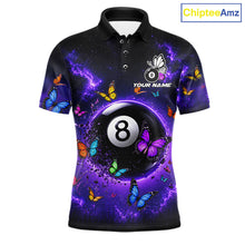 Load image into Gallery viewer, Purple Light 8 Ball Billiard Polo Shirt For Men, Butterfly Pool Team Jersey, Colorful Billiards Apparel, Personalized Pool League Shirt