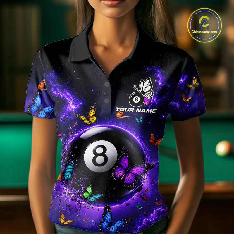 Female billiard player wearing Purple Light 8 Ball Butterfly custom billiard jersey