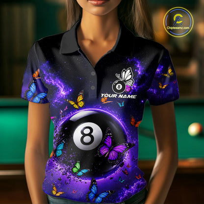Female billiard player wearing Purple Light 8 Ball Butterfly custom billiard jersey