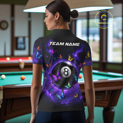 Female billiard player wearing Purple Light 8 Ball Butterfly custom billiard jersey