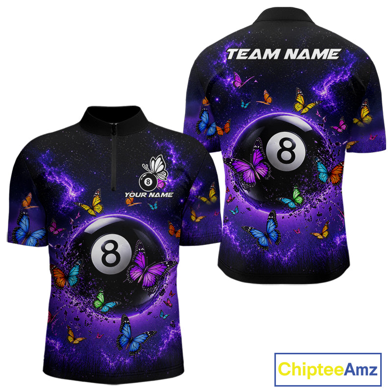 Purple Light 8 Ball Billiard Quarter-Zip Shirt For Men, Custom Butterfly Pool Jersey, Personalized Billiards Uniform