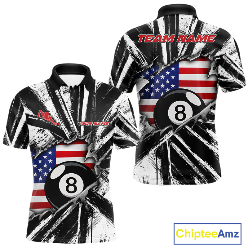 Black And White Grunge Billiard Polo Shirt For Men, Torn US Flag 8 Ball Pool Jersey, Patriotic Billiards Apparel