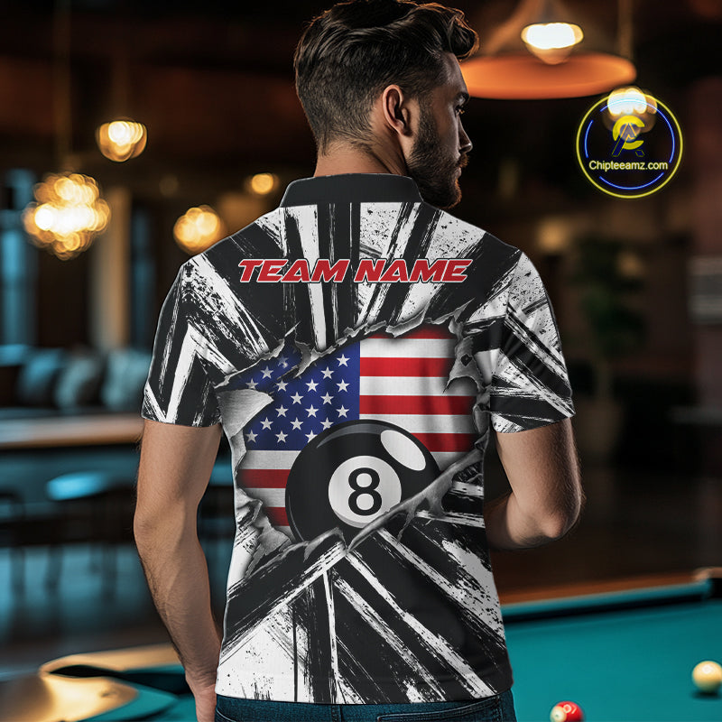 Male Pool Player Wearing Torn US Flag 8 Ball Billiard Shirt, Patriotic Pool League Apparel
