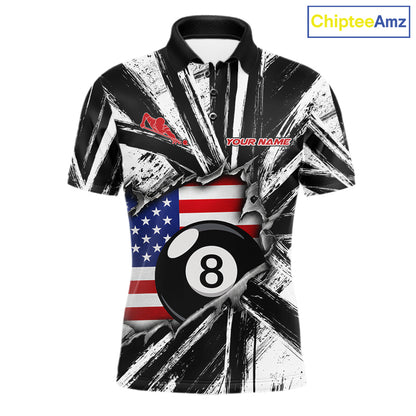 Black And White Grunge Billiard Polo Shirt For Men, Torn US Flag 8 Ball Pool Jersey, Patriotic Billiards Apparel