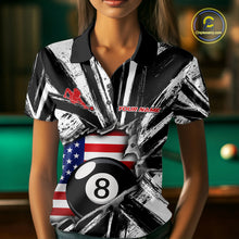 Load image into Gallery viewer, Female billiard player wearing Torn US Flag 8 Ball custom billiard jersey