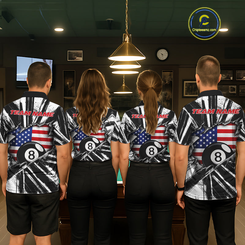 Men women billiard team wearing Black White Grunge patriotic pool uniforms