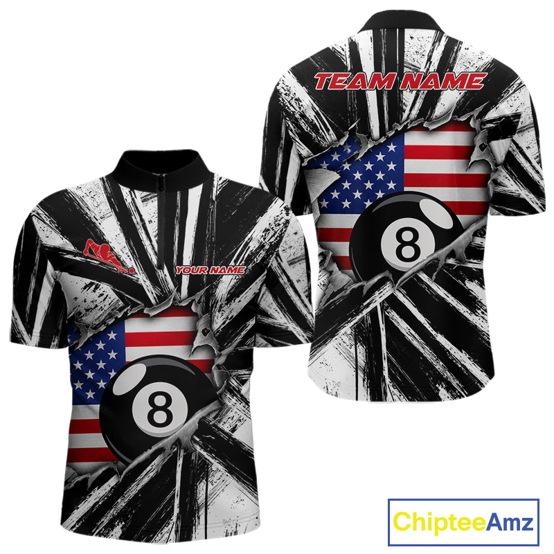 Black And White Grunge Billiard Quarter-Zip Shirt For Men, Torn American Flag Pool Team Uniform