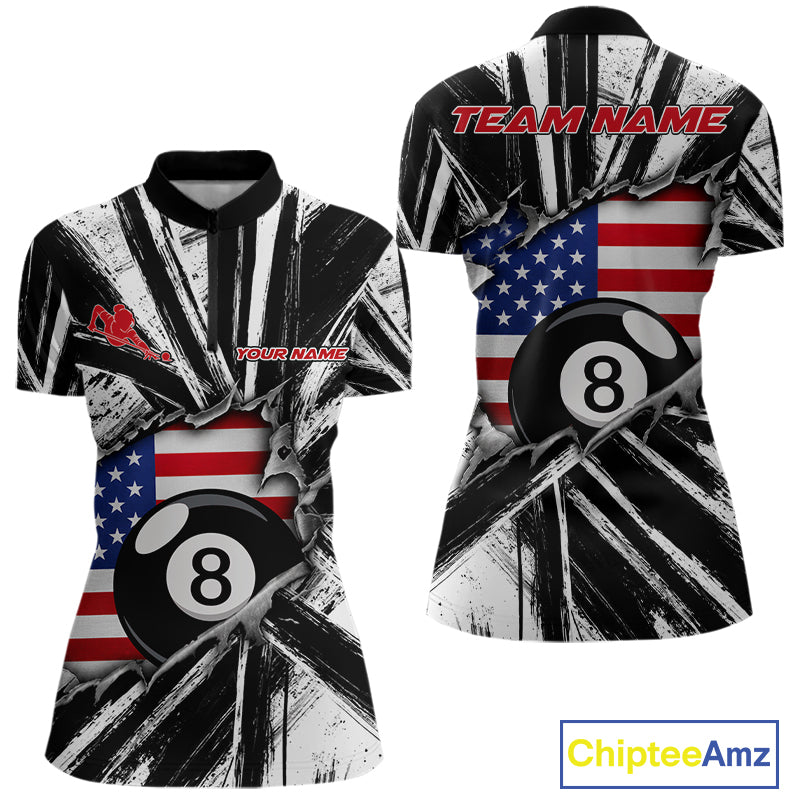 Black White Grunge Torn US Flag Women's Billiard Quarter-Zip Shirt Personalized Team Apparel